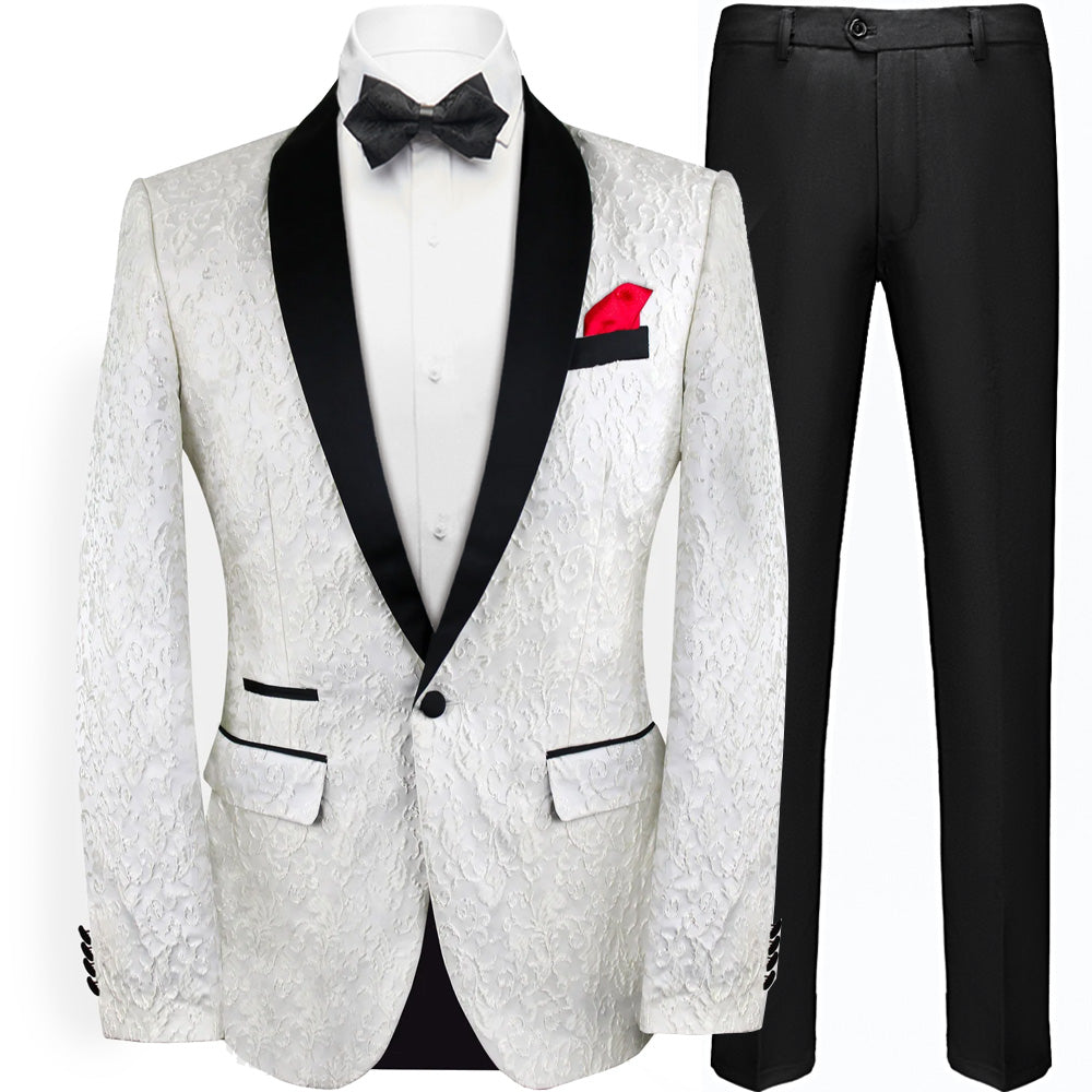 Men's 2-Piece Jacquard Embroidery White Wedding Suit