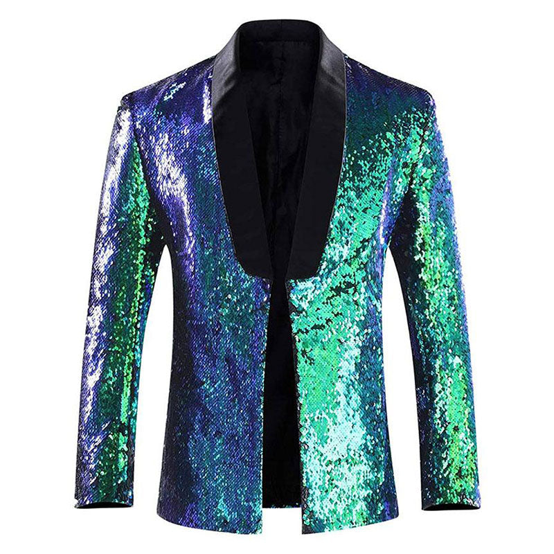 Men's Full Sequin Reflective Teal Green Tuxedo Mandarin Collar
