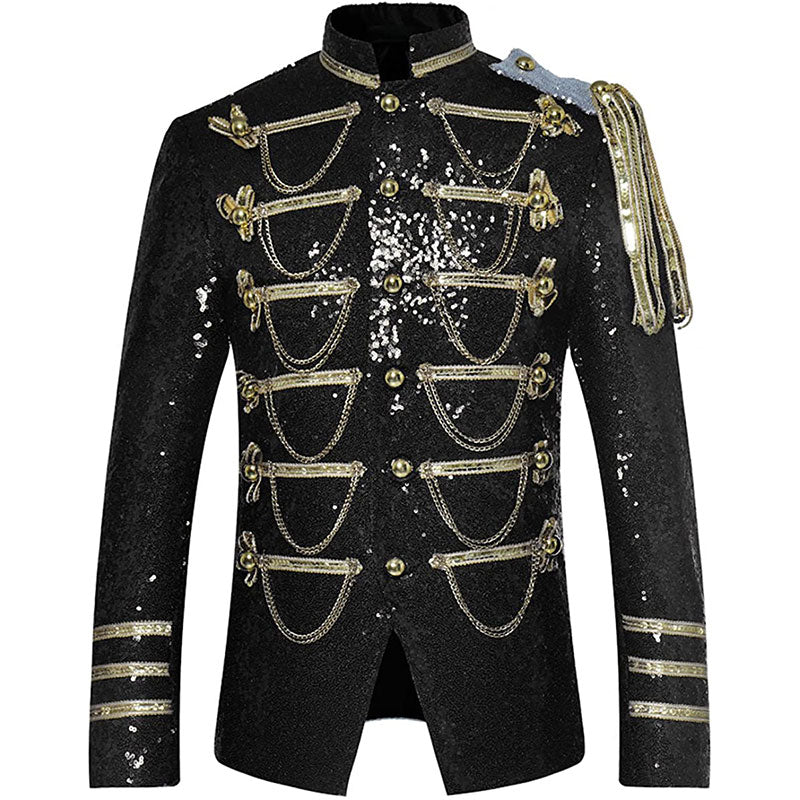 Men's Classic Military Style Stage Full Black Sequin Jacket