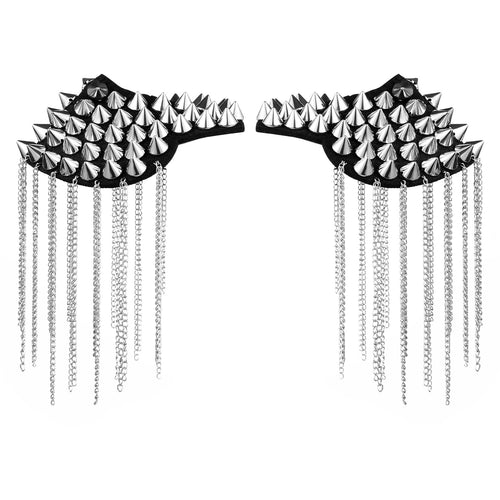 Pair of Rivet Tassel Chain Epaulet Fashion Shoulder Boards Badge Silver