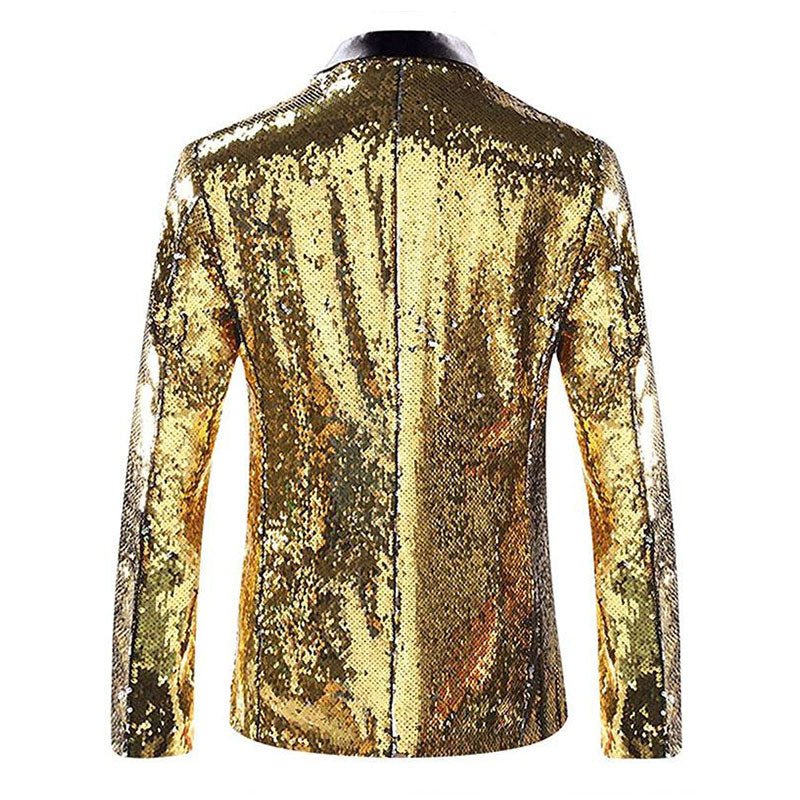 Men's Full Sequin Reflective Gold Tuxedo with Silver Geometric Patterns Mandarin Collar