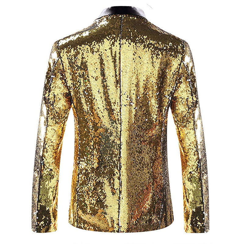 Men's Full Sequin Reflective Golden Tuxedo with Green Geometric Patterns Mandarin Collar