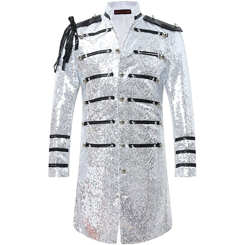 Men's Classic Military Style Stage Full Silver Sequin Trench Coat