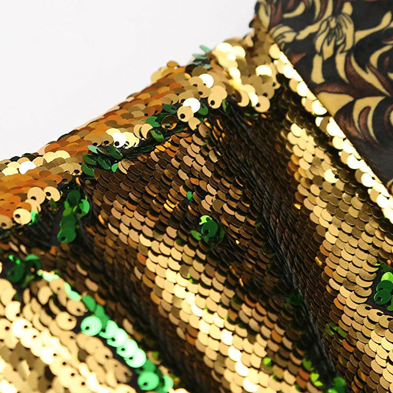 Men's V-neck Full Sequin Golden Tuxedo with Green Geometric Patterns