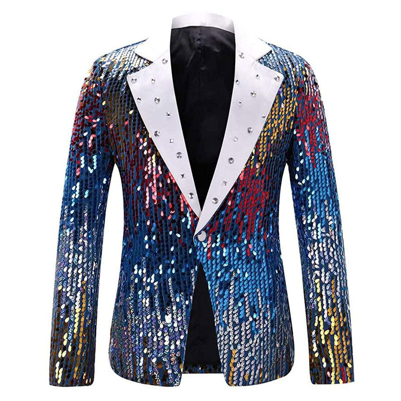 Men's Full Sequin Gradient Multi-color Tassel Blue Dinner Jacket for Stage