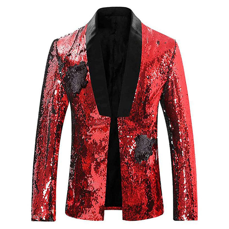 Men's Full Sequin Reflective Red Tuxedo with Black Geometric Patterns Mandarin Collar