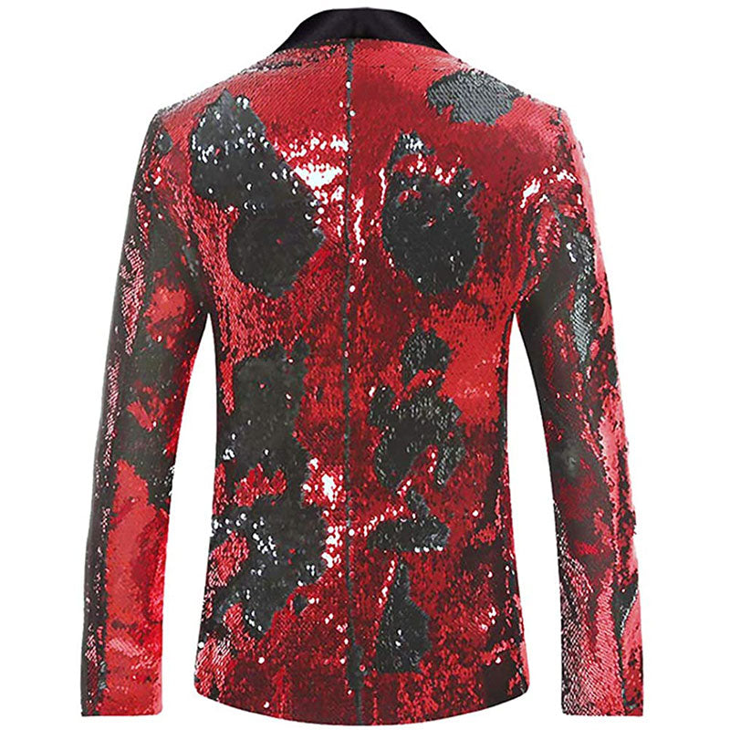 Men's Full Sequin Reflective Red Tuxedo with Black Geometric Patterns Mandarin Collar