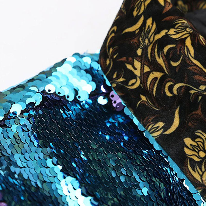 Men's V-neck Full Sequin Teal Tuxedo with Purple Geometric Patterns