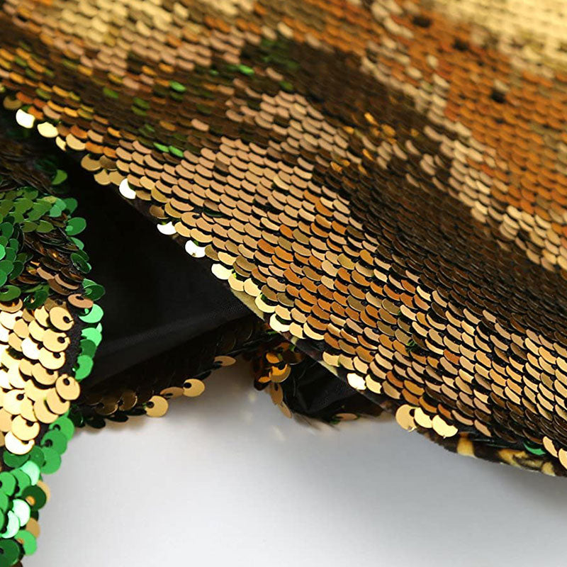 Men's Full Sequin Reflective Golden Tuxedo with Green Geometric Patterns Mandarin Collar
