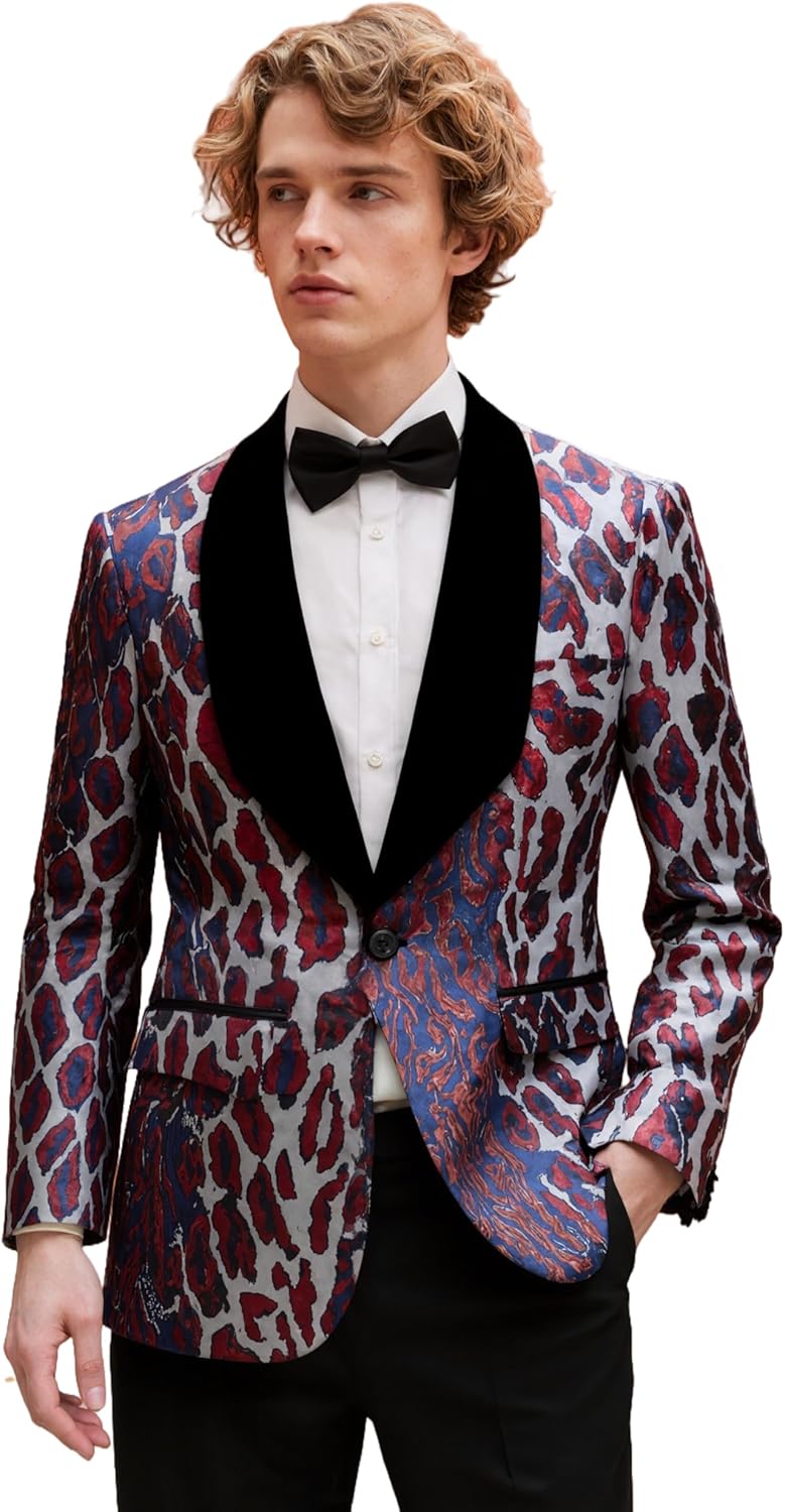 Men's Slim Fit Leopard Print Tuxedo Suit with Black Velvet Shawl Lapel One Button Tuxedo Jacket & Black Suit Pants Set