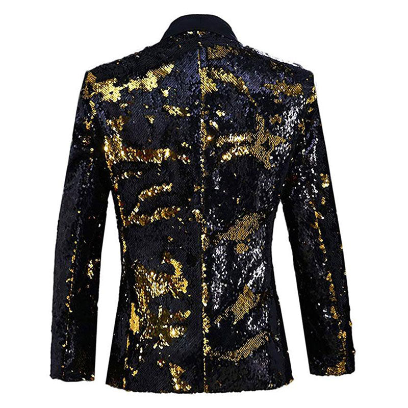 Men's Full Sequin Reflective Gold Tuxedo with Silver Geometric Patterns Mandarin Collar