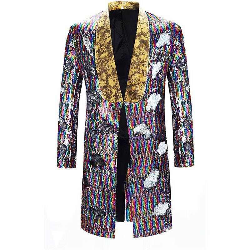 Men's Full Sequin Rainbow Laser Gold Lapel Colorful Tuxedo