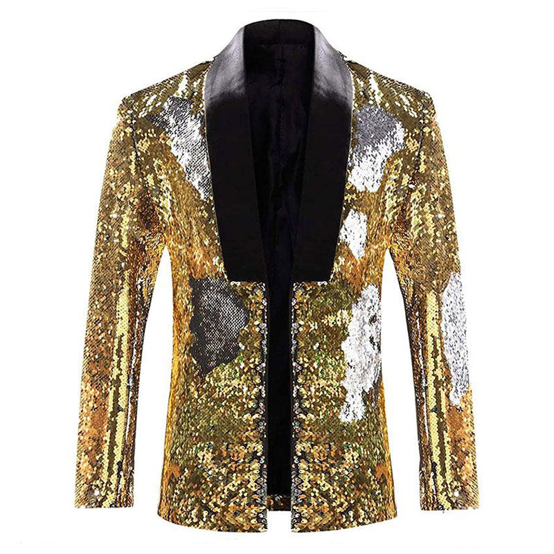 Men's Full Sequin Reflective Gold Tuxedo Mandarin Collar
