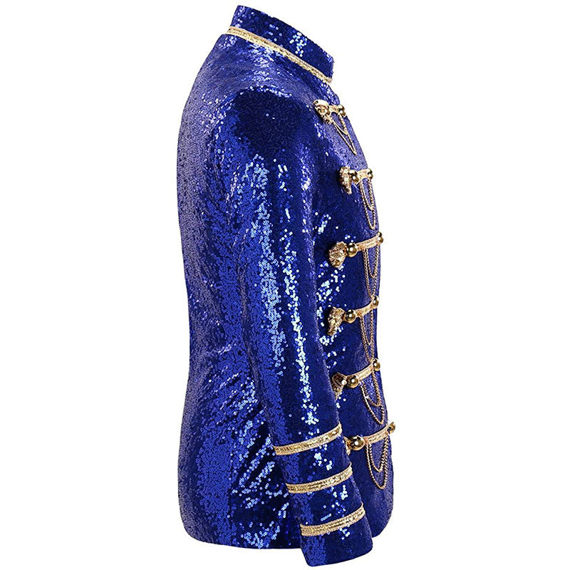 Men's Classic Military Style Stage Full Navy Blue Sequin Jacket