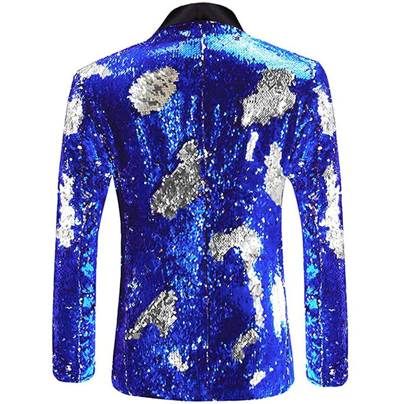 Men's Full Sequin Reflective Blue Tuxedo with Silver Geometric Patterns Mandarin Collar