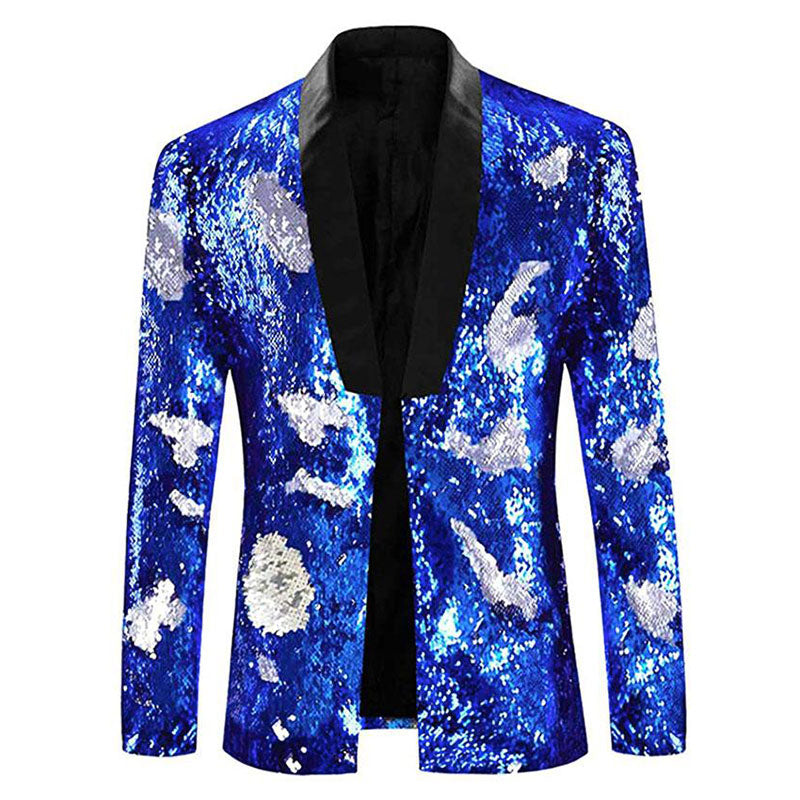 Men's Full Sequin Reflective Blue Tuxedo with Silver Geometric Patterns Mandarin Collar