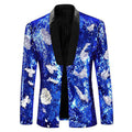 Men's Full Sequin Reflective Blue Tuxedo with Silver Geometric Patterns Mandarin Collar