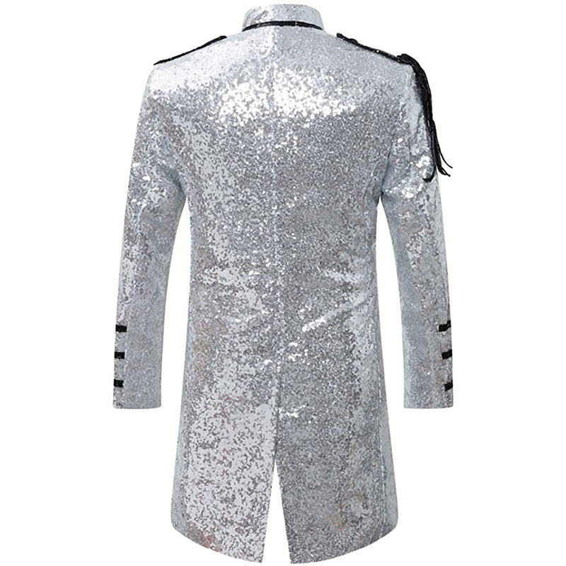 Men's Classic Military Style Stage Full Silver Sequin Trench Coat