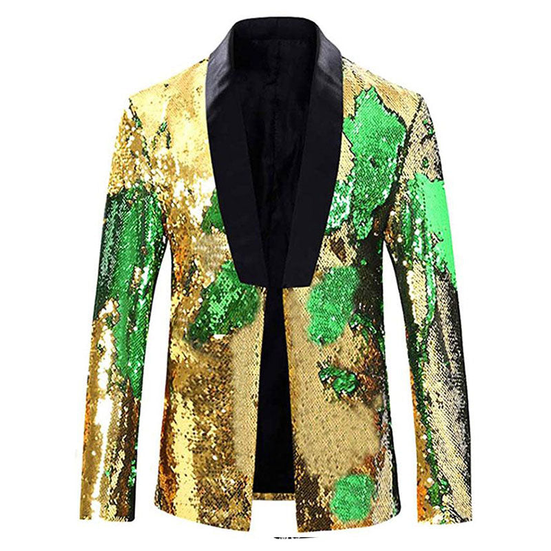 Men's Full Sequin Reflective Golden Tuxedo with Green Geometric Patterns Mandarin Collar