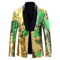 Men's Full Sequin Reflective Golden Tuxedo with Green Geometric Patterns Mandarin Collar