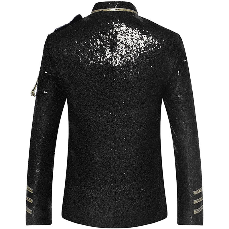 Men's Classic Military Style Stage Full Black Sequin Jacket