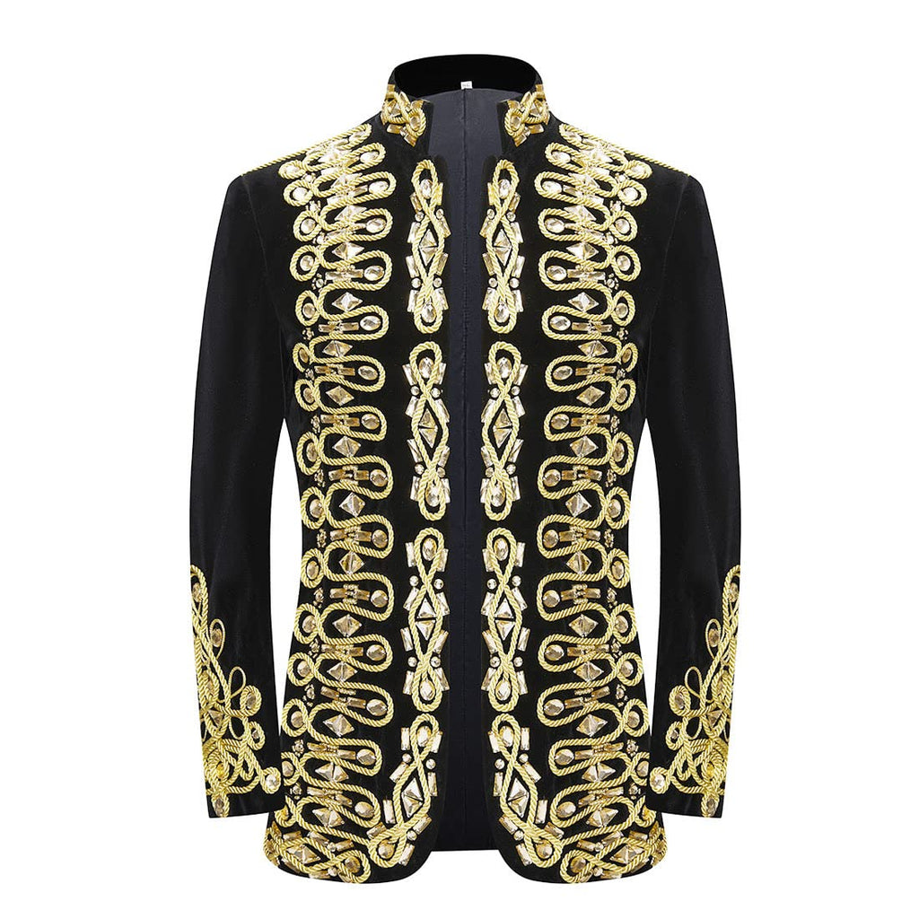 Men's Handmade Gold Aigillette and Rhinestone Hussar Officers Style Black Velvet Tuxedo