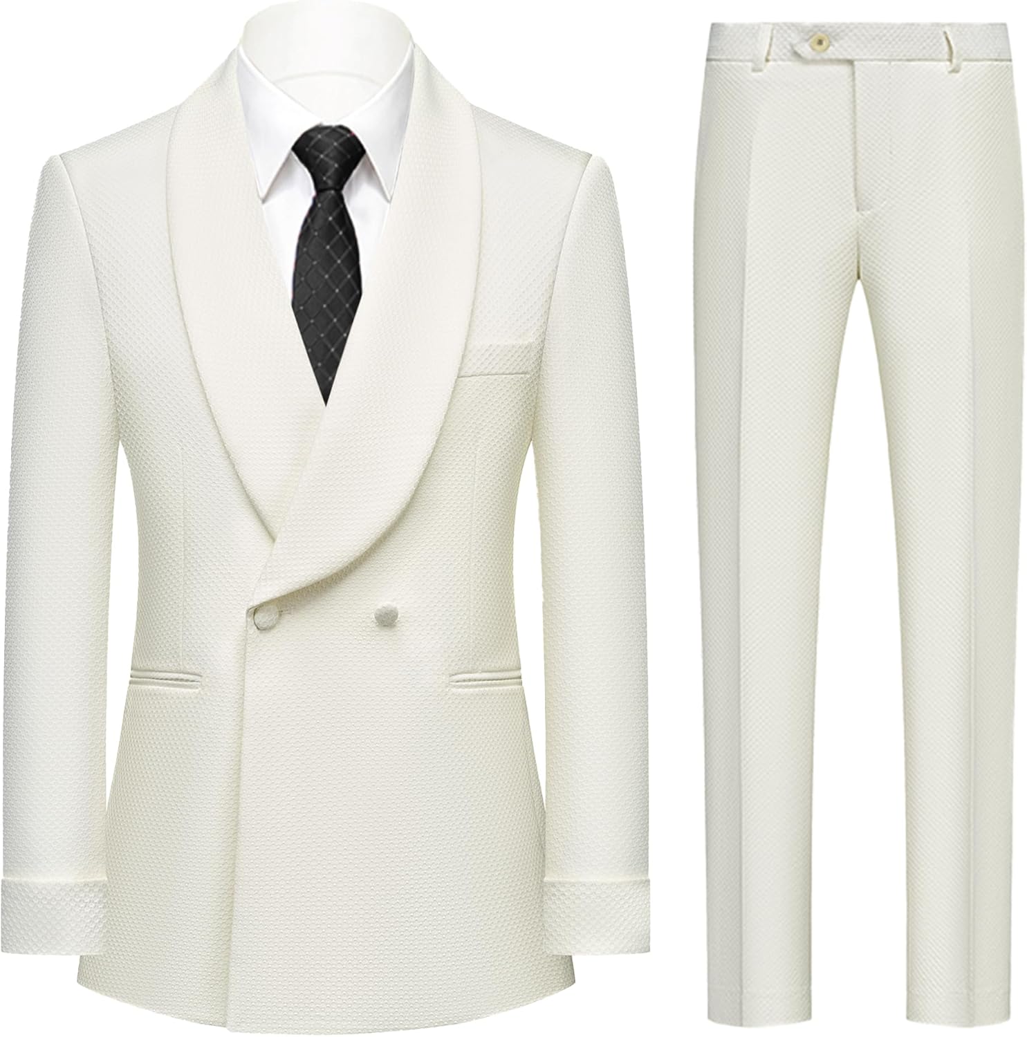 Mens Tuxedo 2 Pieces Shawl Lapel Waffle Textured Suit Blazer Pants Slim Fit Business Events Banquet Dinner Party