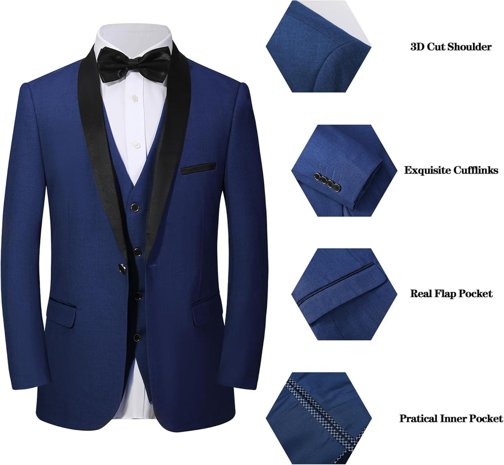 Mens Tuxedo Slim Fit Wedding Business Suits for Groom Groomsmen 3 Pieces Dinner Jacket Vest Pants Set for Men