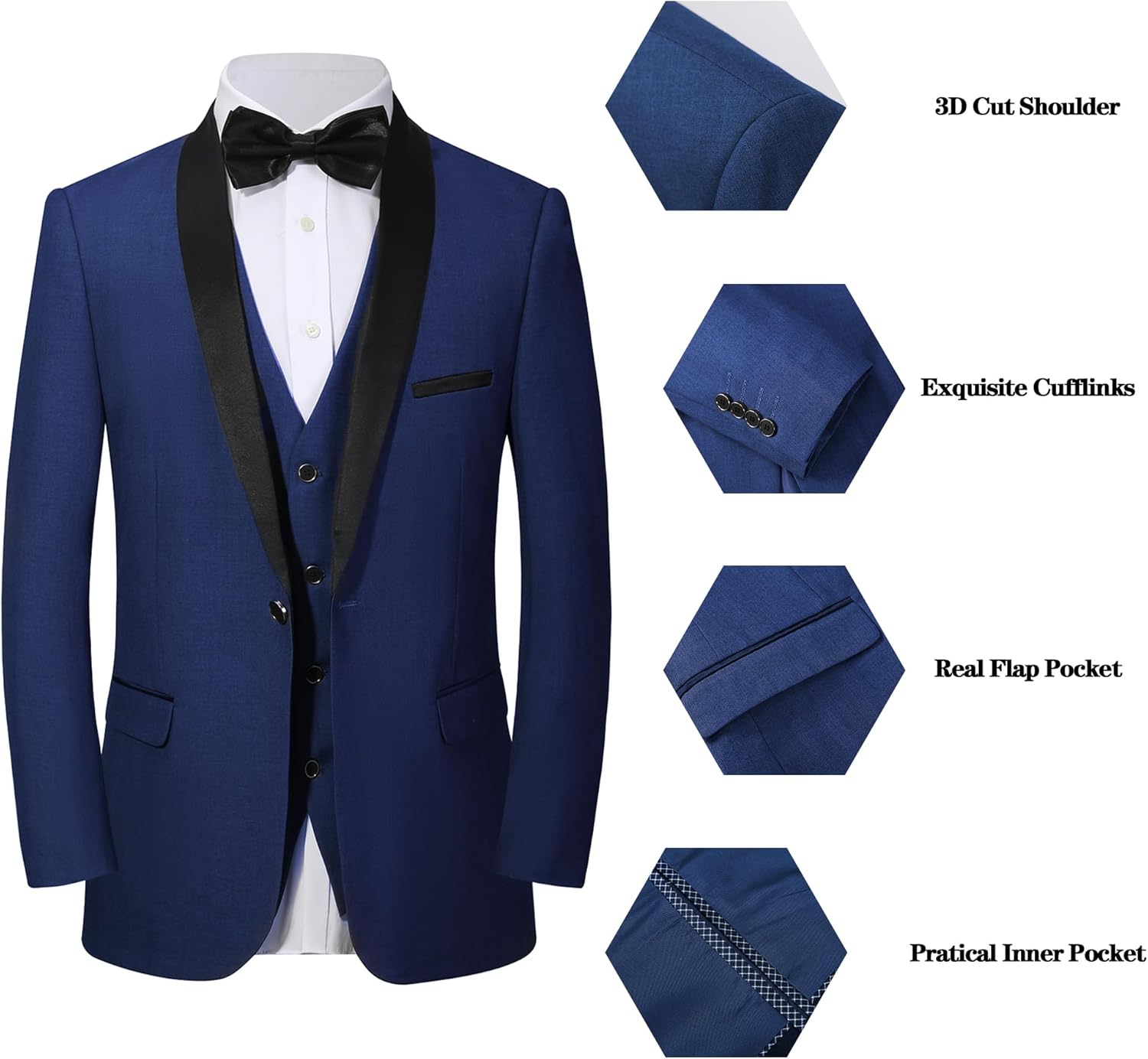 Mens Tuxedo Slim Fit Wedding Business Suits for Groom Groomsmen 3 Pieces Dinner Jacket Vest Pants Set for Men