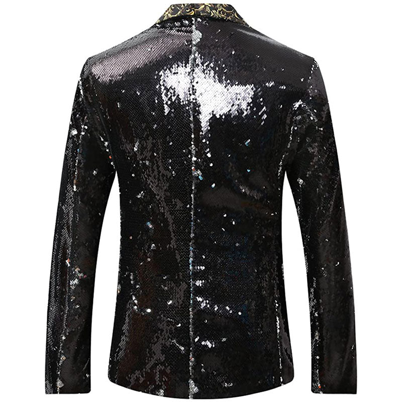 Men's V-neck Full Sequin Black Tuxedo with Silver Geometric Patterns