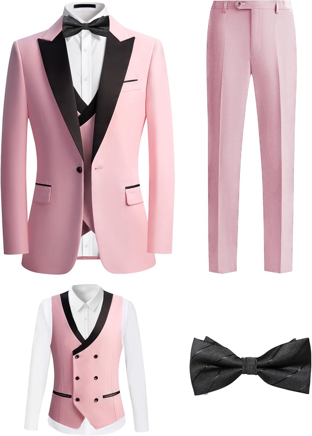 Men's 4 Piece Formal Suit Peaked Lapel Jacket Double Breasted Vest, Pants & Bow Tie for Prom Nights