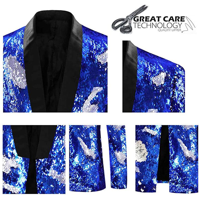 Men's Full Sequin Reflective Blue Tuxedo with Silver Geometric Patterns Mandarin Collar