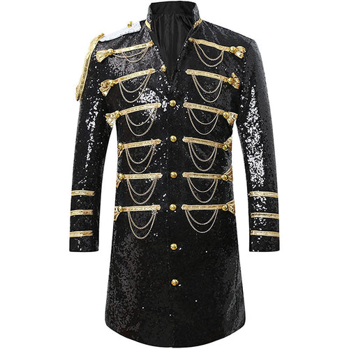 Men's Classic Military Style Stage Full Black Sequin Trench Coat