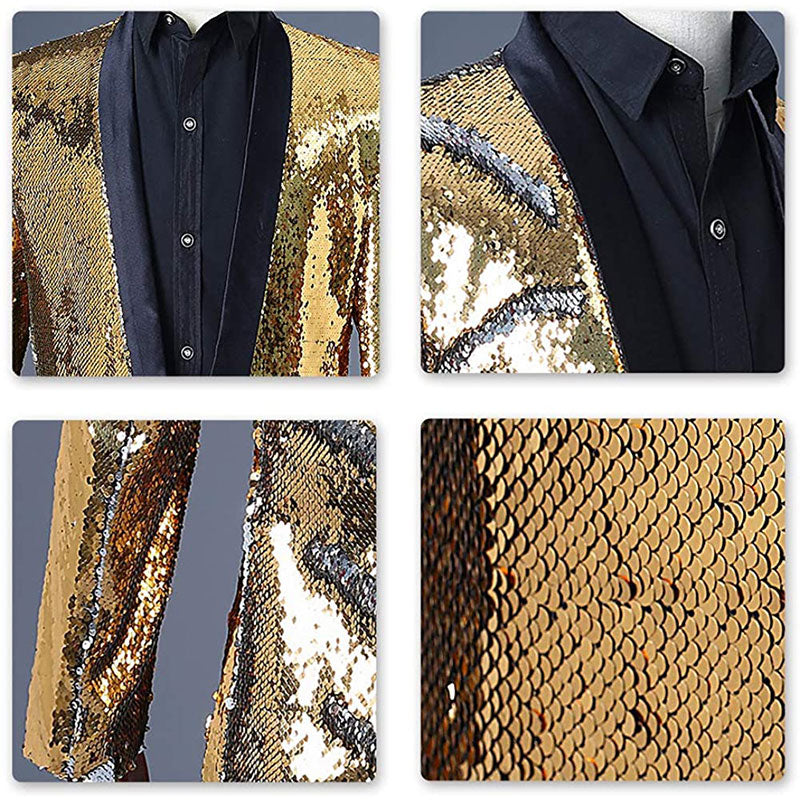 Men's Full Sequin Reflective Gold Tuxedo Mandarin Collar