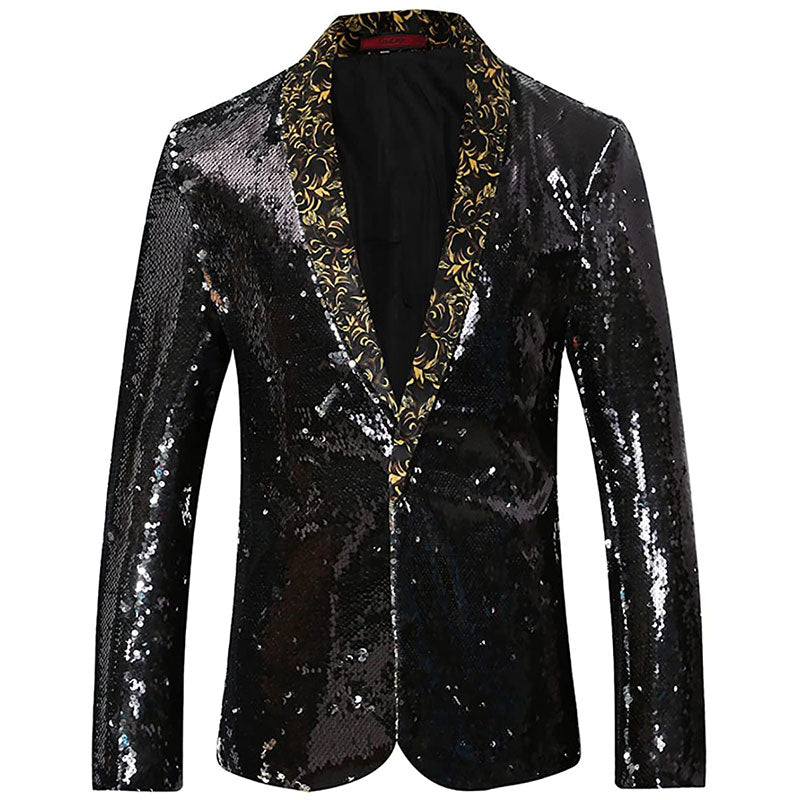 Men's V-neck Full Sequin Black Tuxedo with Silver Geometric Patterns