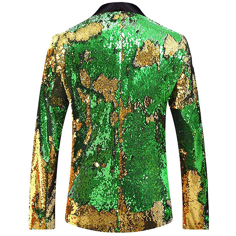 Men's Full Sequin Reflective Golden Tuxedo with Green Geometric Patterns Mandarin Collar