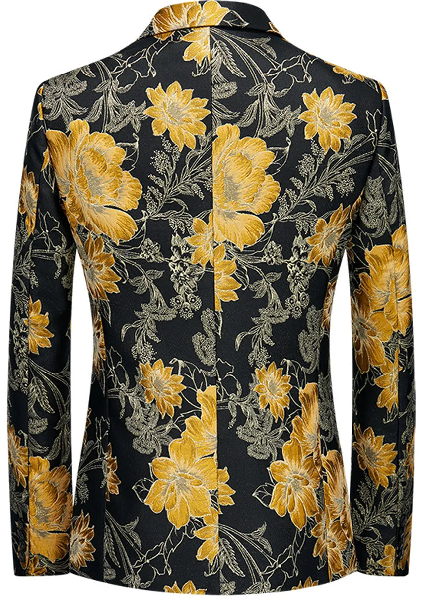 Men's Stylish Yellow Floral Jacquard Black Jacket