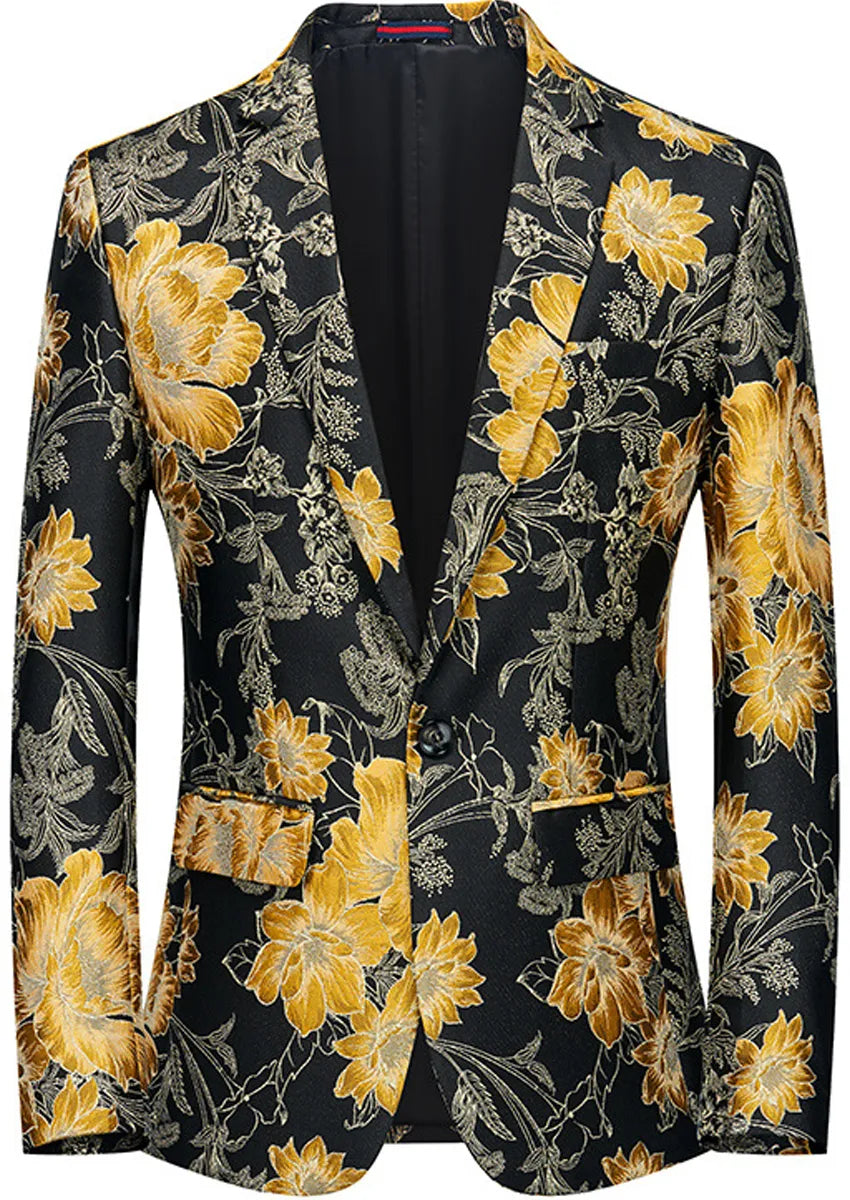 Men's Stylish Yellow Floral Jacquard Black Jacket