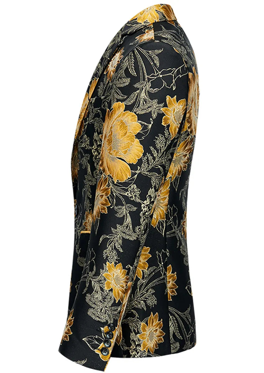 Men's Stylish Yellow Floral Jacquard Black Jacket