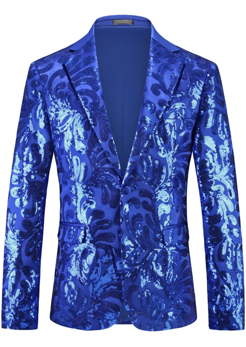 Men's Notch Lapel Embroidered Paisley Navy Sequin Suit