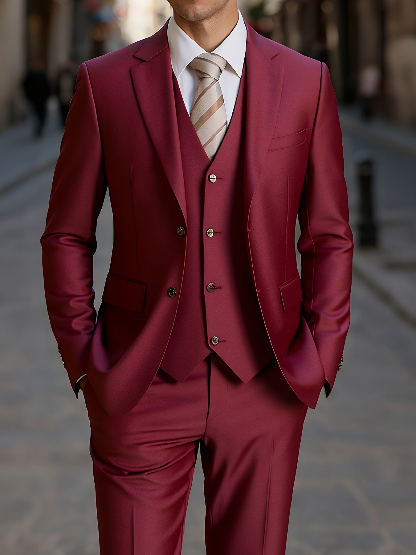 Men'S 3pcs Business Style Suit, Two Button Lapel Jacket Vest Trouser Set Solid Color Wedding Business Tuxedo Suit