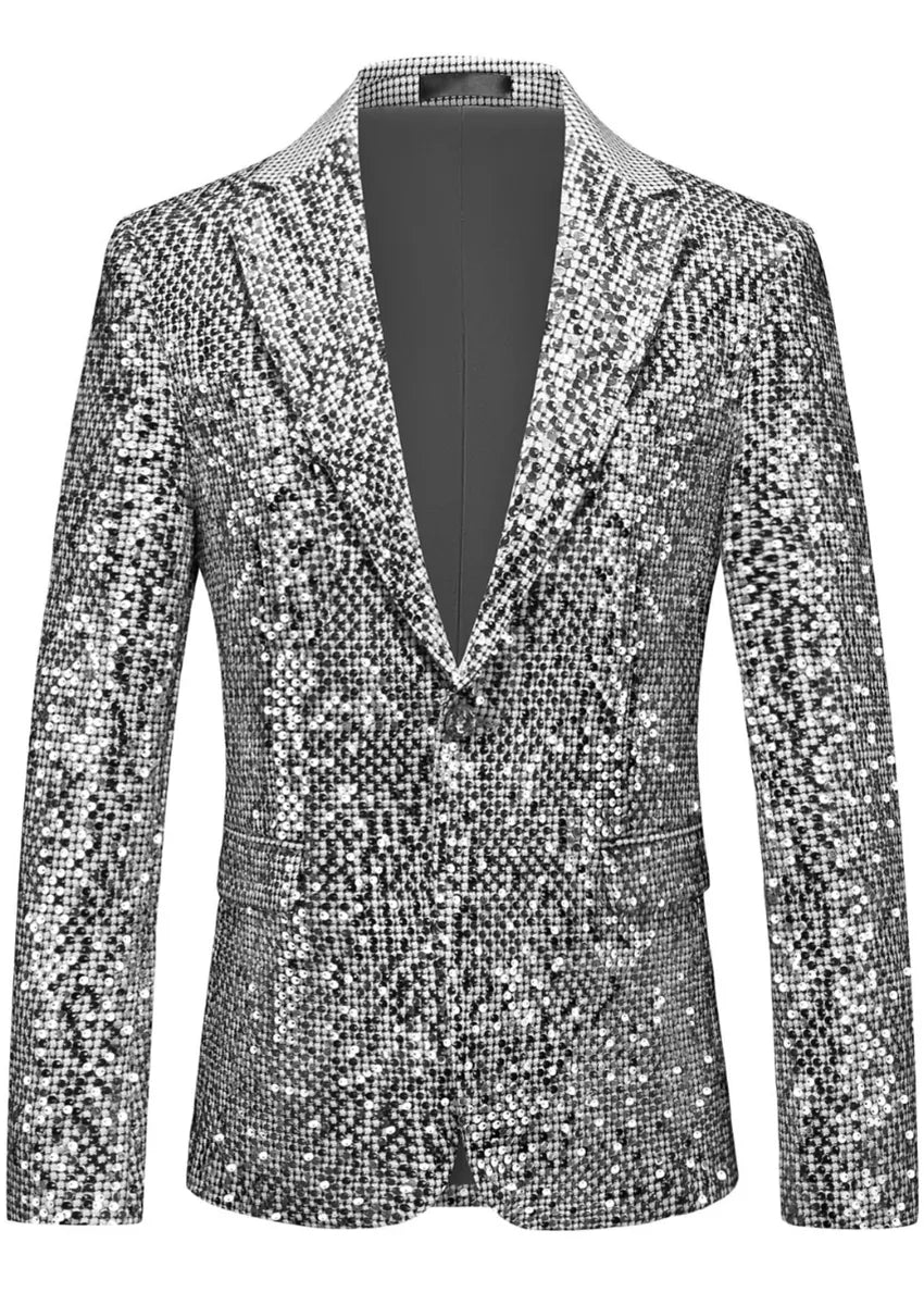 Men's All-over Metallic Silver Sequin Suit Jacket