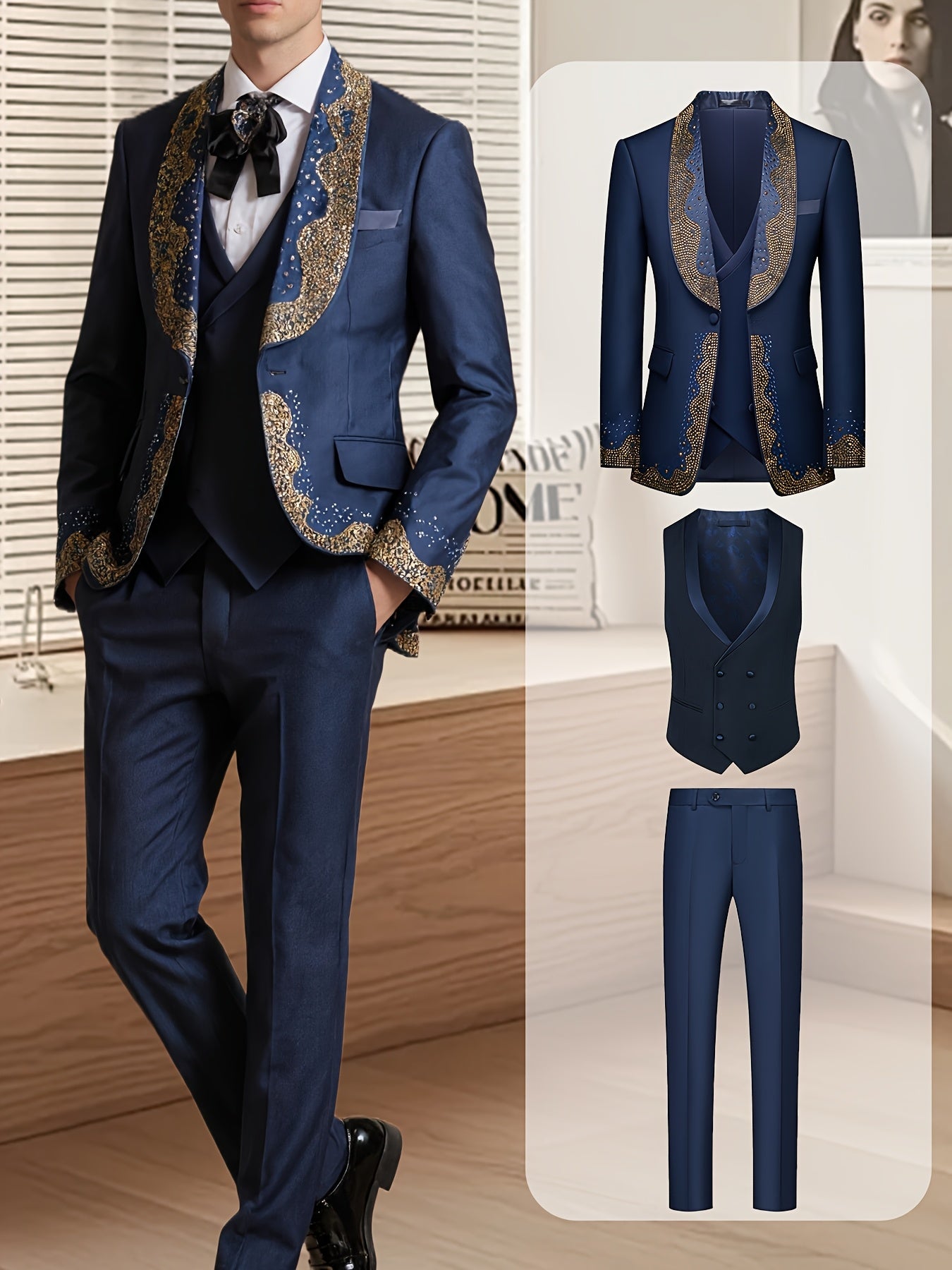 Men's 3pcs Slim-Fit Tailored Tuxedo Set with Golden Embellished & Vest - Black Wedding, Prom, Party Suit Jacket, Pants & Matching Blazer Outfit (No Alterations Required), Suits For Men, Wedding Suits For Men, Black Suit, Mens Clothes, Christmas Suit, Roya
