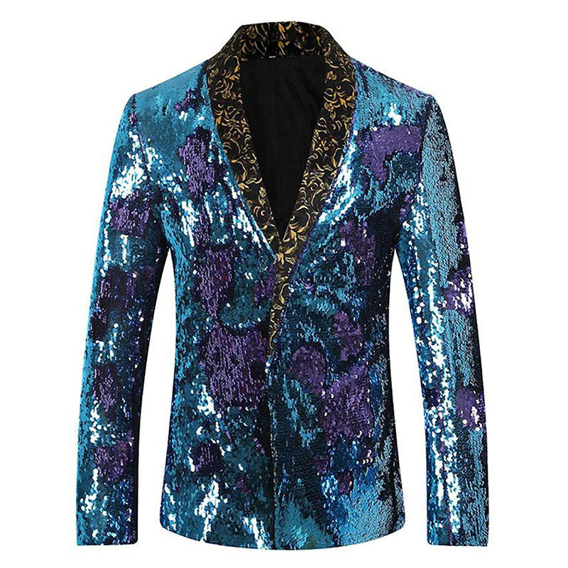 Men's V-neck Full Sequin Teal Tuxedo with Purple Geometric Patterns