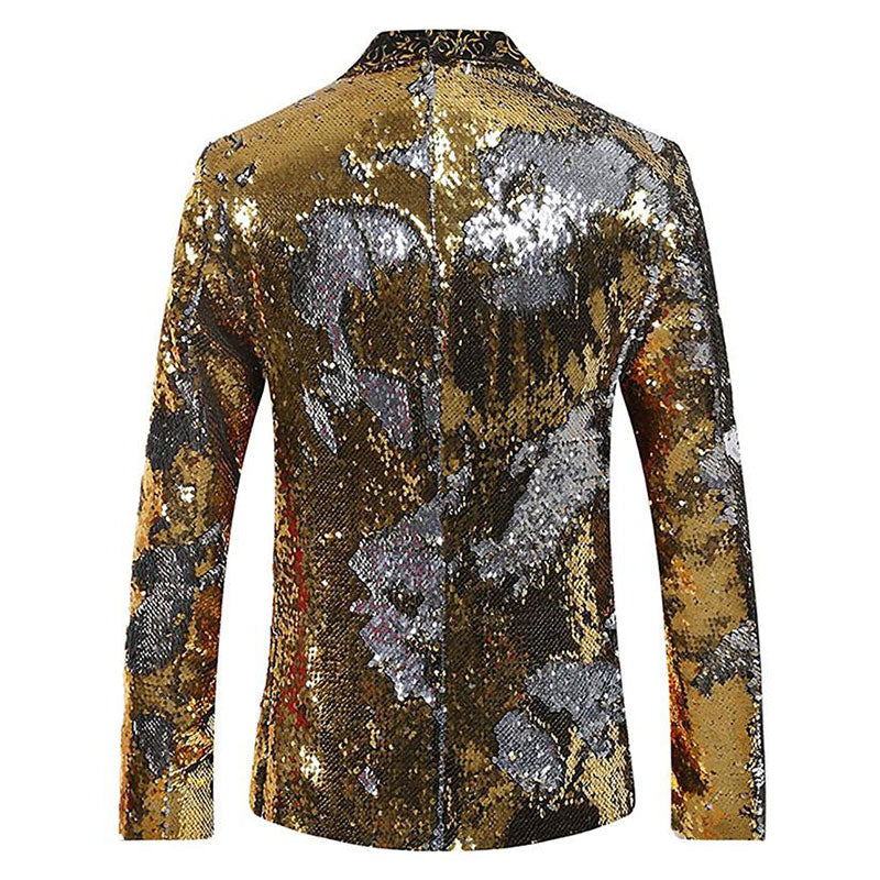 Men's V-neck Full Sequin Golden Tuxedo with Silver Geometric Patterns