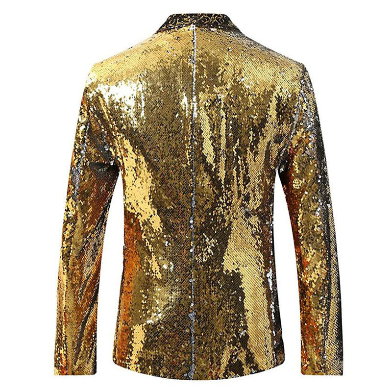Men's V-neck Full Sequin Golden Tuxedo with Silver Geometric Patterns