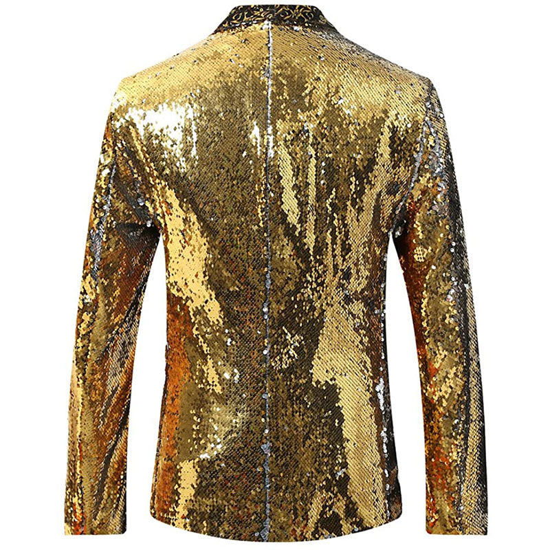 Men's V-neck Full Sequin Golden Tuxedo with Green Geometric Patterns