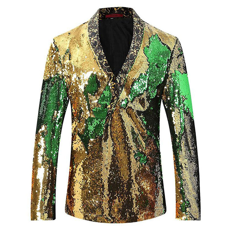 Men's V-neck Full Sequin Golden Tuxedo with Green Geometric Patterns