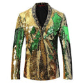 Men's V-neck Full Sequin Golden Tuxedo with Green Geometric Patterns
