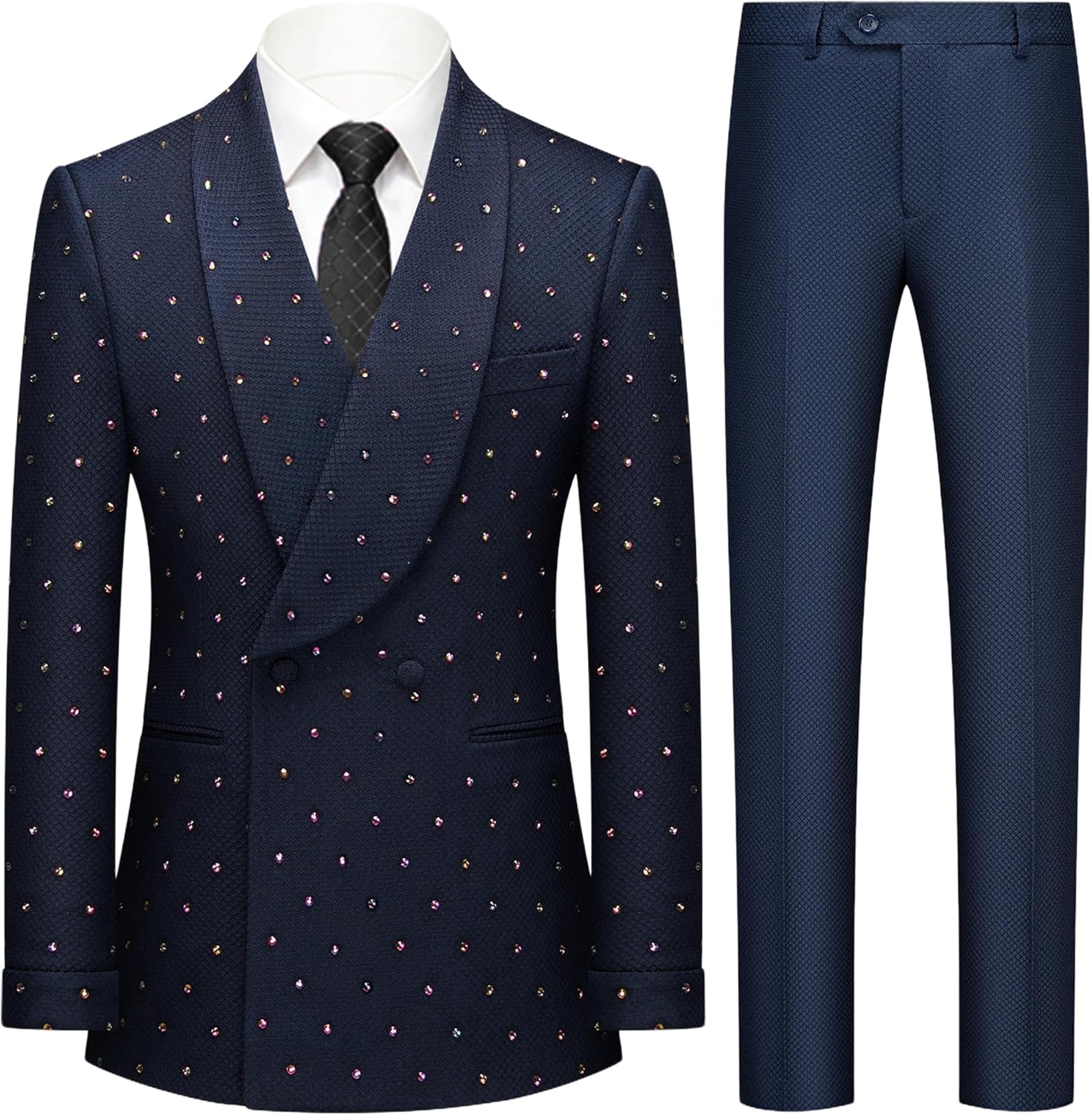 Mens 2 Pieces Sparkling Rhinestone Waffle Textured Tuxedo Slim Fit Suit Blazer Pants Stylish Prom Banquet Wedding Event